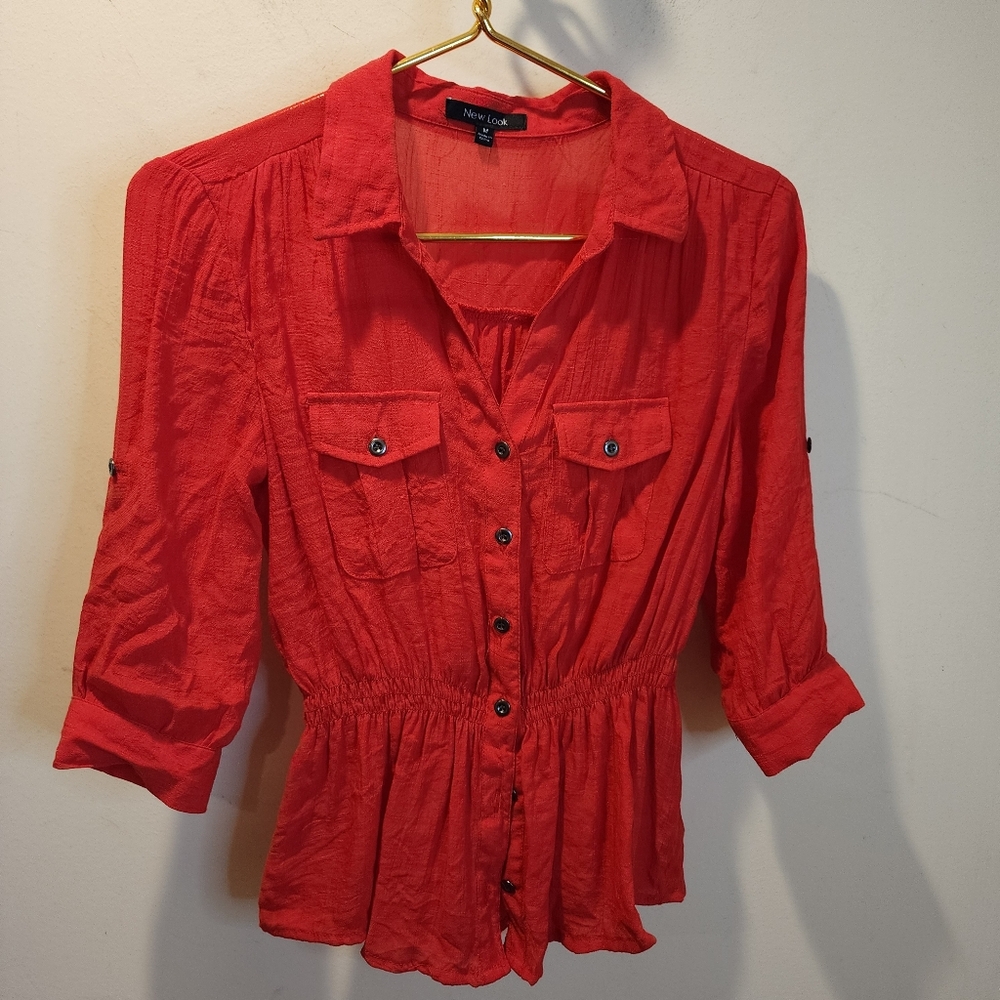 New Look Vibrant Red Blouse Quarter Sleeves Size M